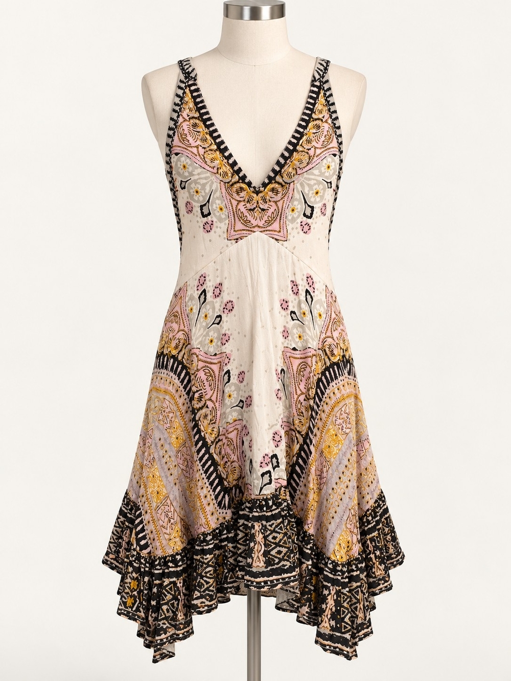 Free People Cream Pink Gold Paisley Handkerchief Hem Dress